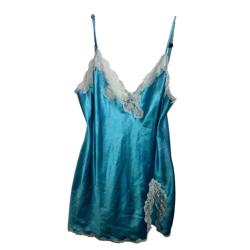Vtg Y2K Victoria's Secret Blue Satin Lace Trim Slip Dress Chemise Nightie M